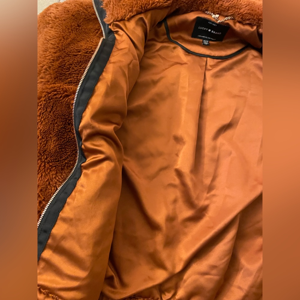 Lucky Brand faux fur zip up jacket. Rust orange color. Size XS - runs large - Picture 8 of 12